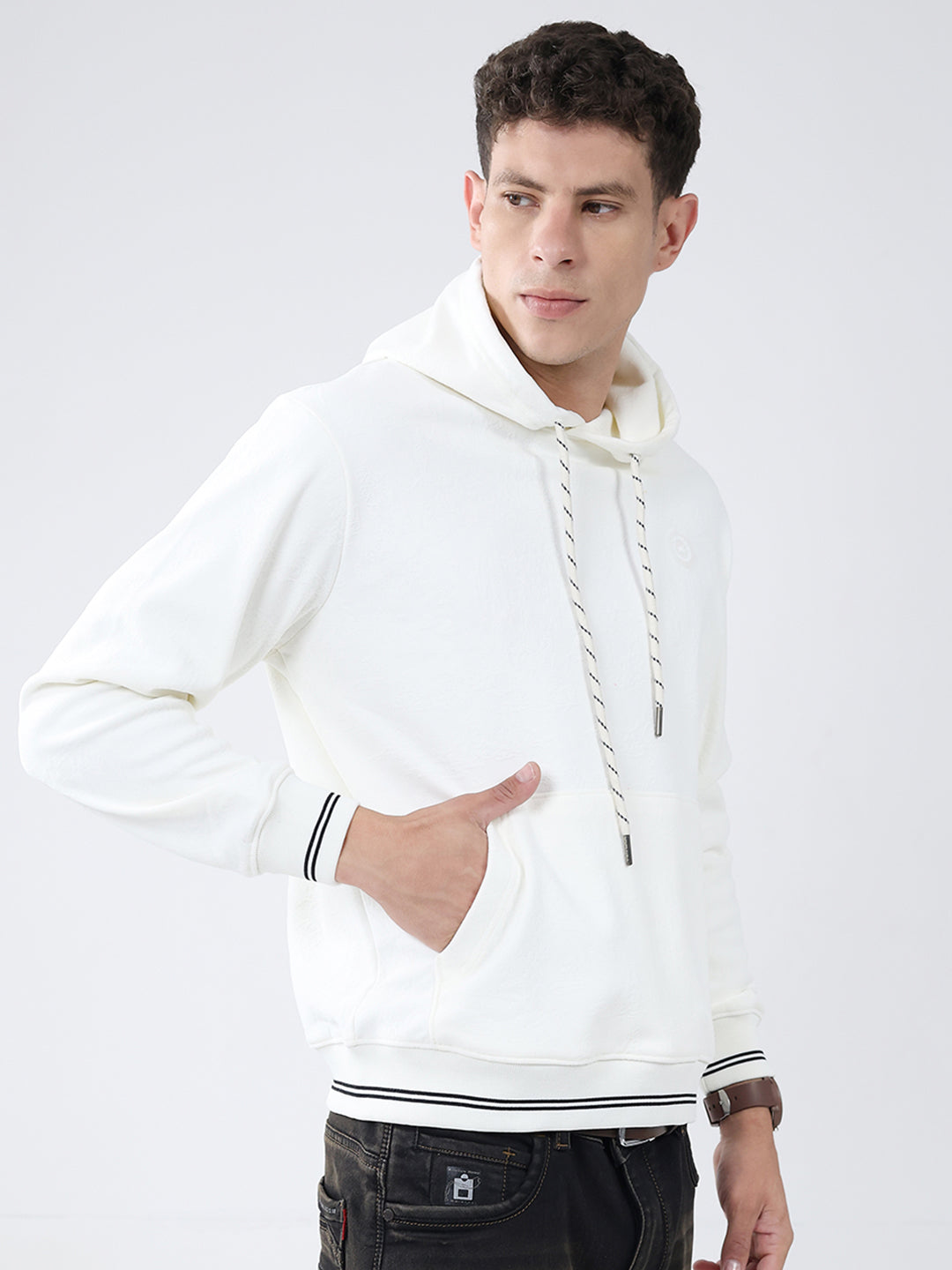 Men White Solid Hooded Full Sleeve Sweatshirt