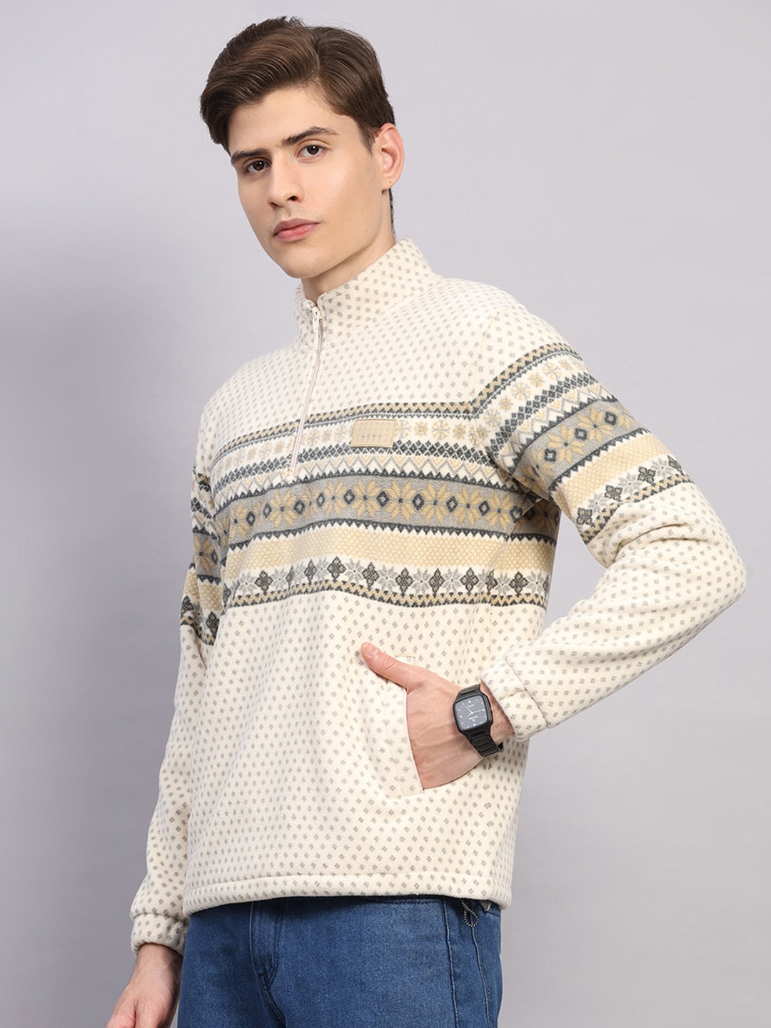 Men Beige Solid Collar Full Sleeve Sweatshirt