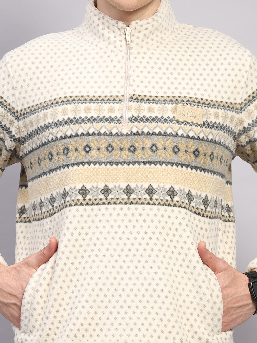 Men Beige Solid Collar Full Sleeve Sweatshirt