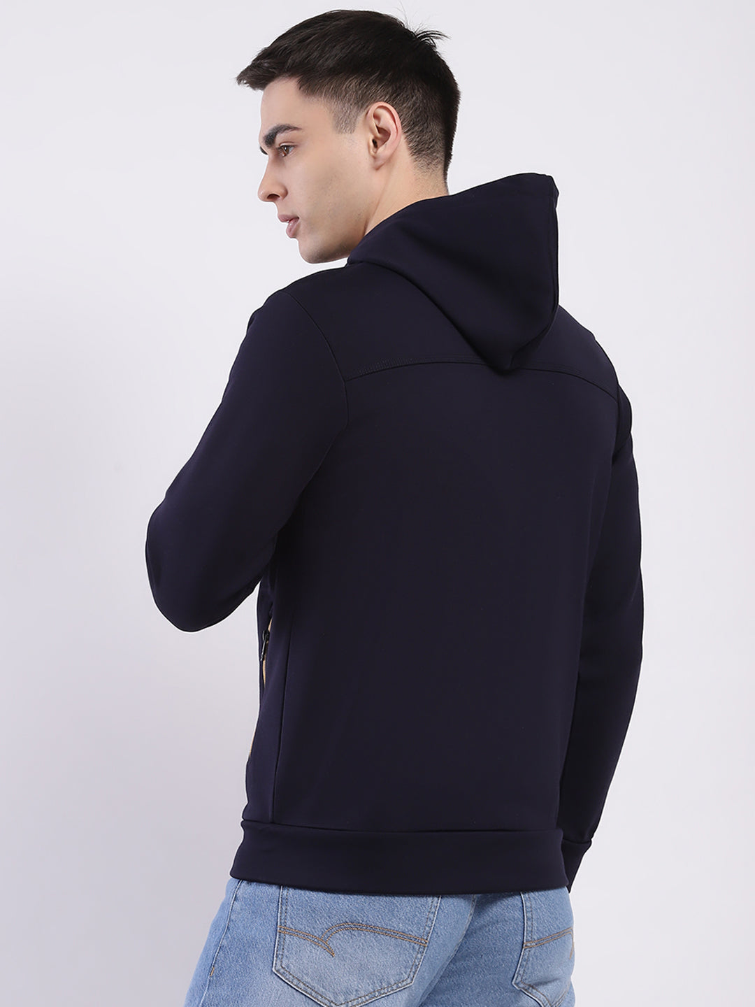Men Navy Blue Solid Hooded Full Sleeve Sweatshirt