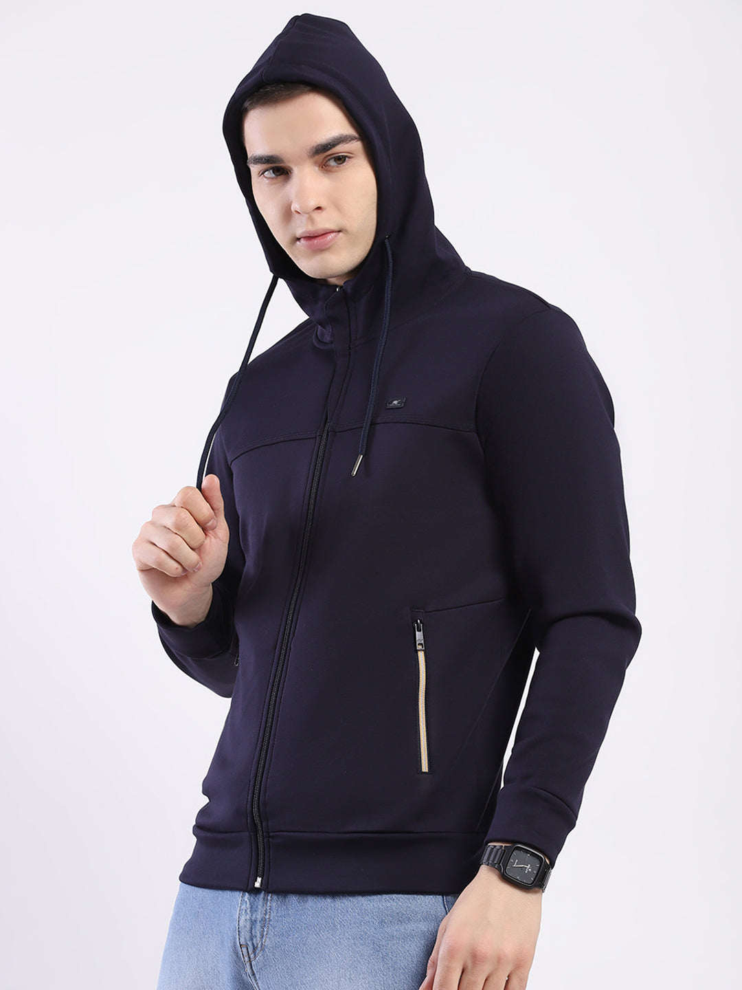 Men Navy Blue Solid Hooded Full Sleeve Sweatshirt