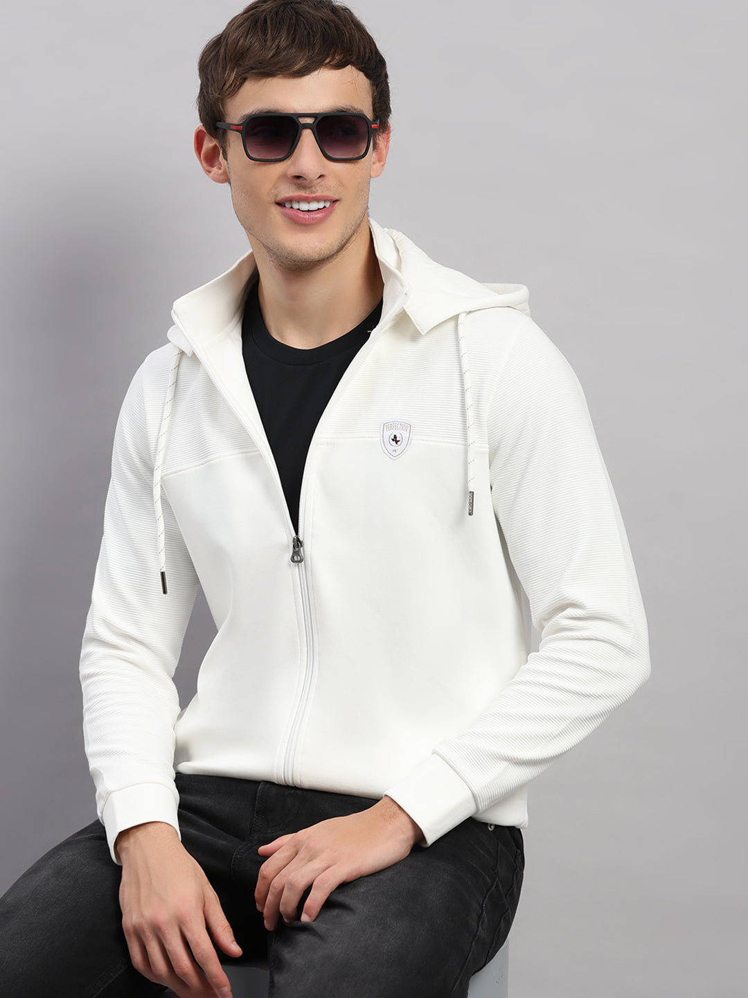 Men Off White Solid Hooded Full Sleeve Sweatshirt
