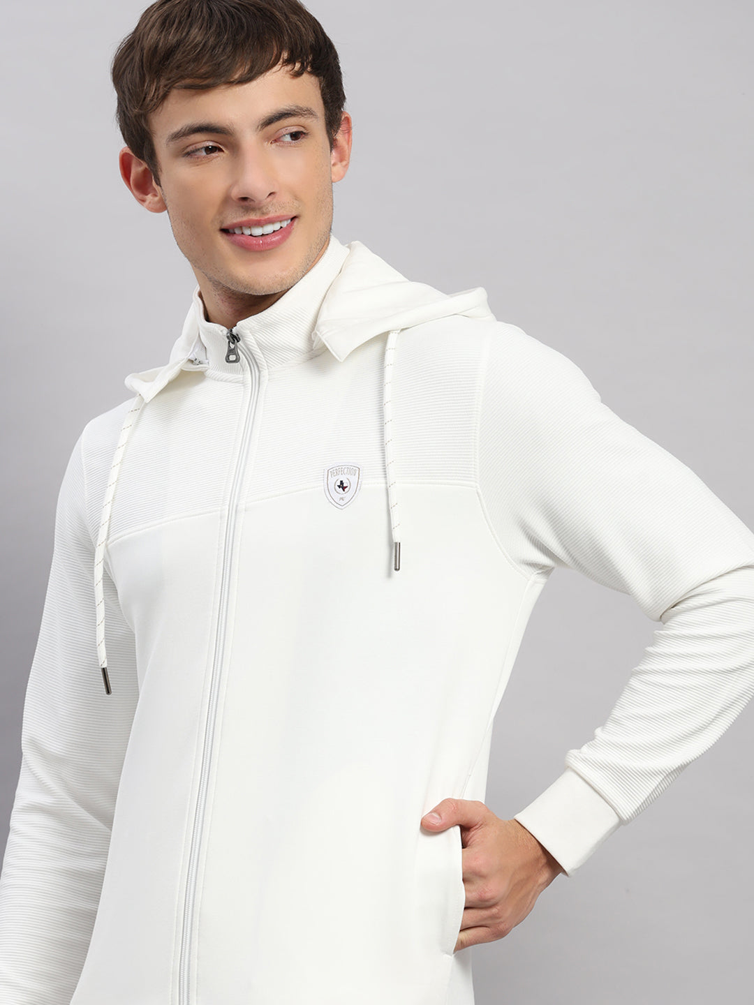 Men Off White Solid Hooded Full Sleeve Sweatshirt