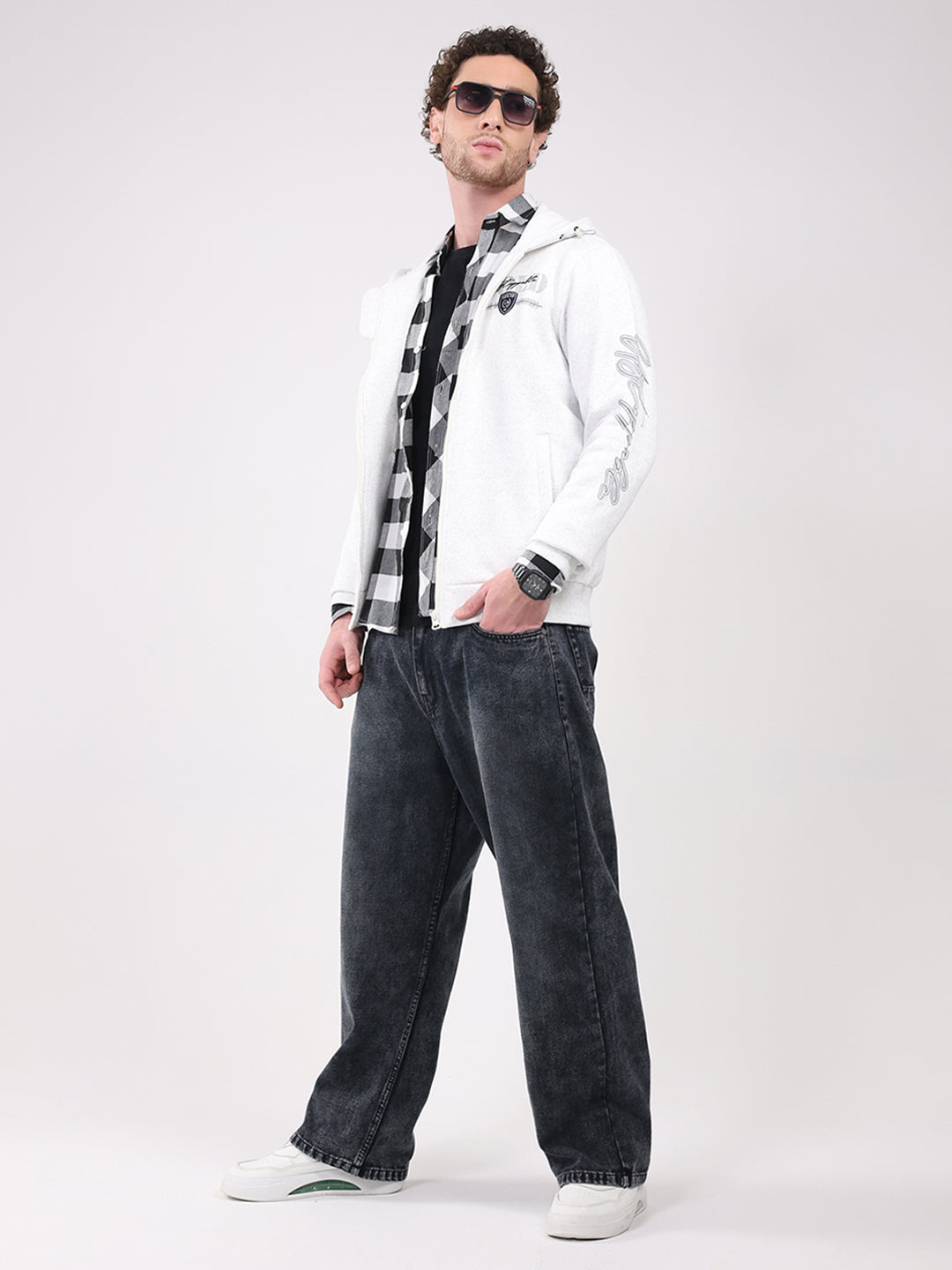 Men White Printed Hooded Full Sleeve Sweatshirt