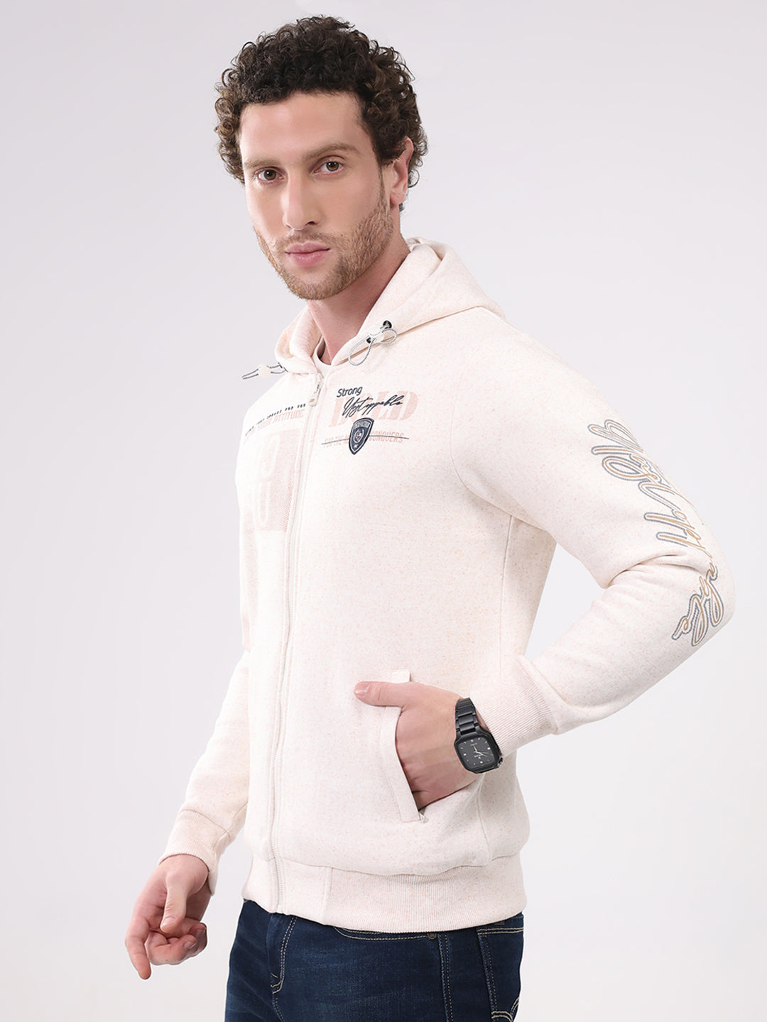 Men Beige Printed Hooded Full Sleeve Sweatshirt