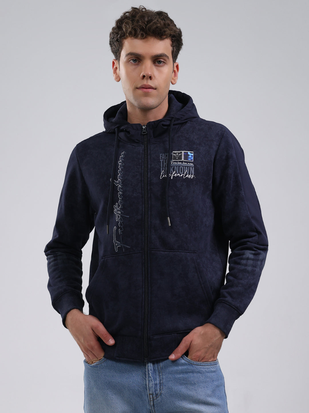 Men Navy Blue Printed Hooded Full Sleeve Sweatshirt