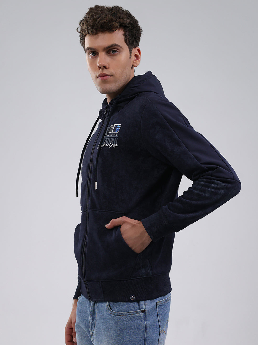 Men Navy Blue Printed Hooded Full Sleeve Sweatshirt
