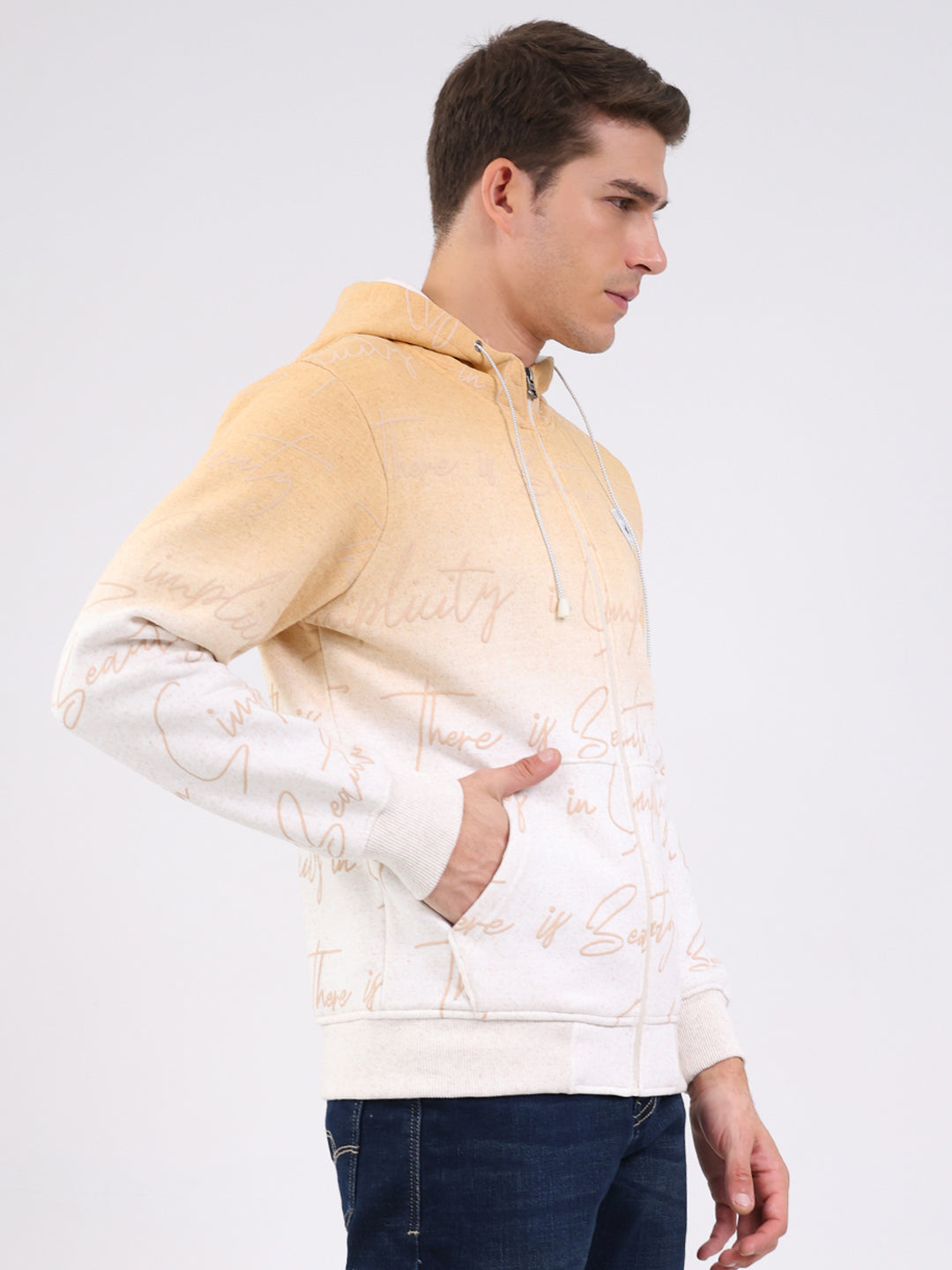 Men Beige Printed Hooded Full Sleeve Sweatshirt