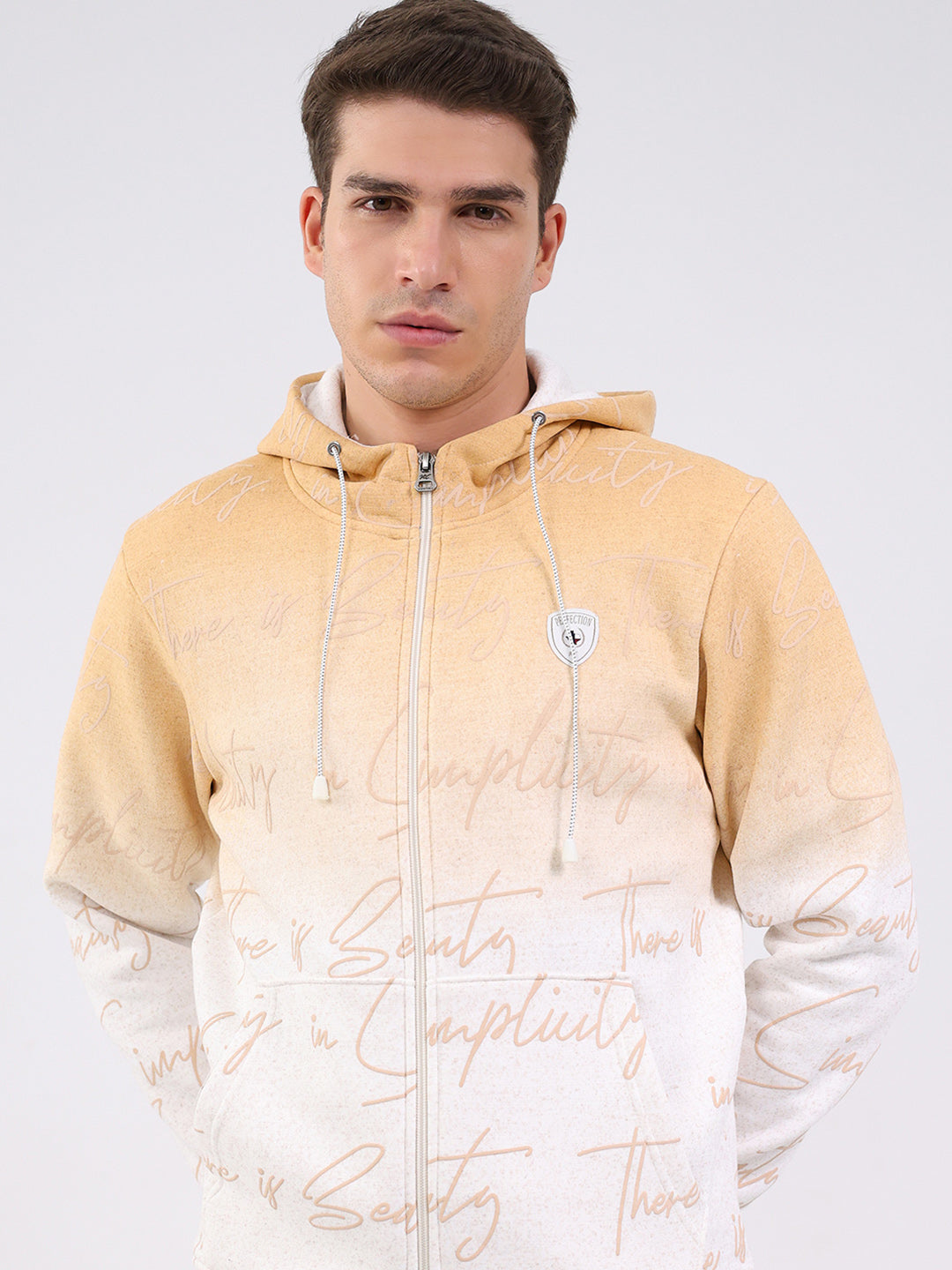 Men Beige Printed Hooded Full Sleeve Sweatshirt