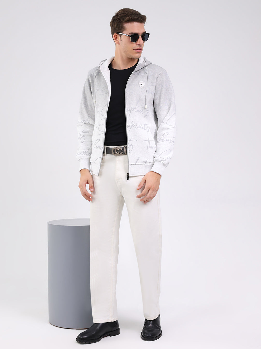 Men Grey Printed Hooded Full Sleeve Sweatshirt