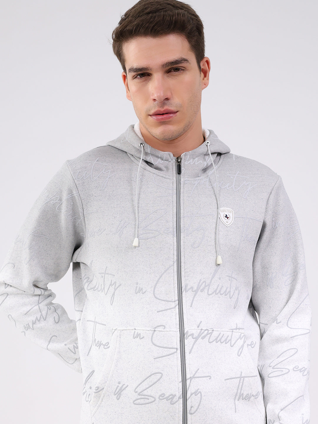 Men Grey Printed Hooded Full Sleeve Sweatshirt