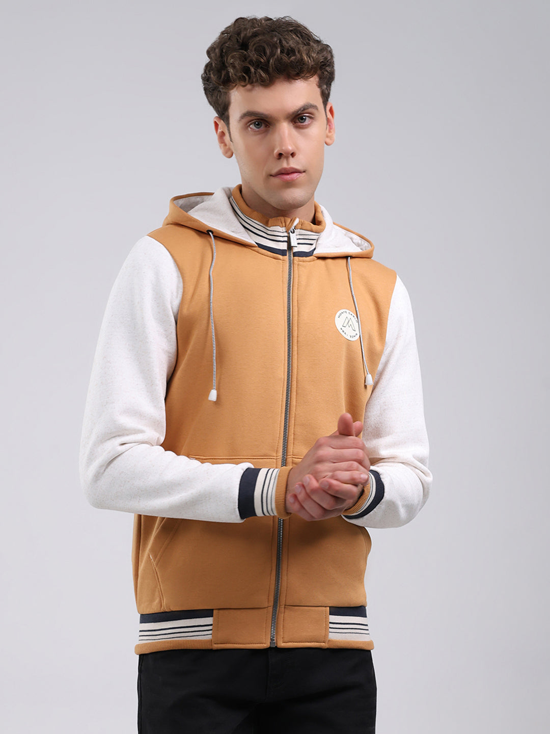 Men Tan Embroidered Hooded Full Sleeve Sweatshirt