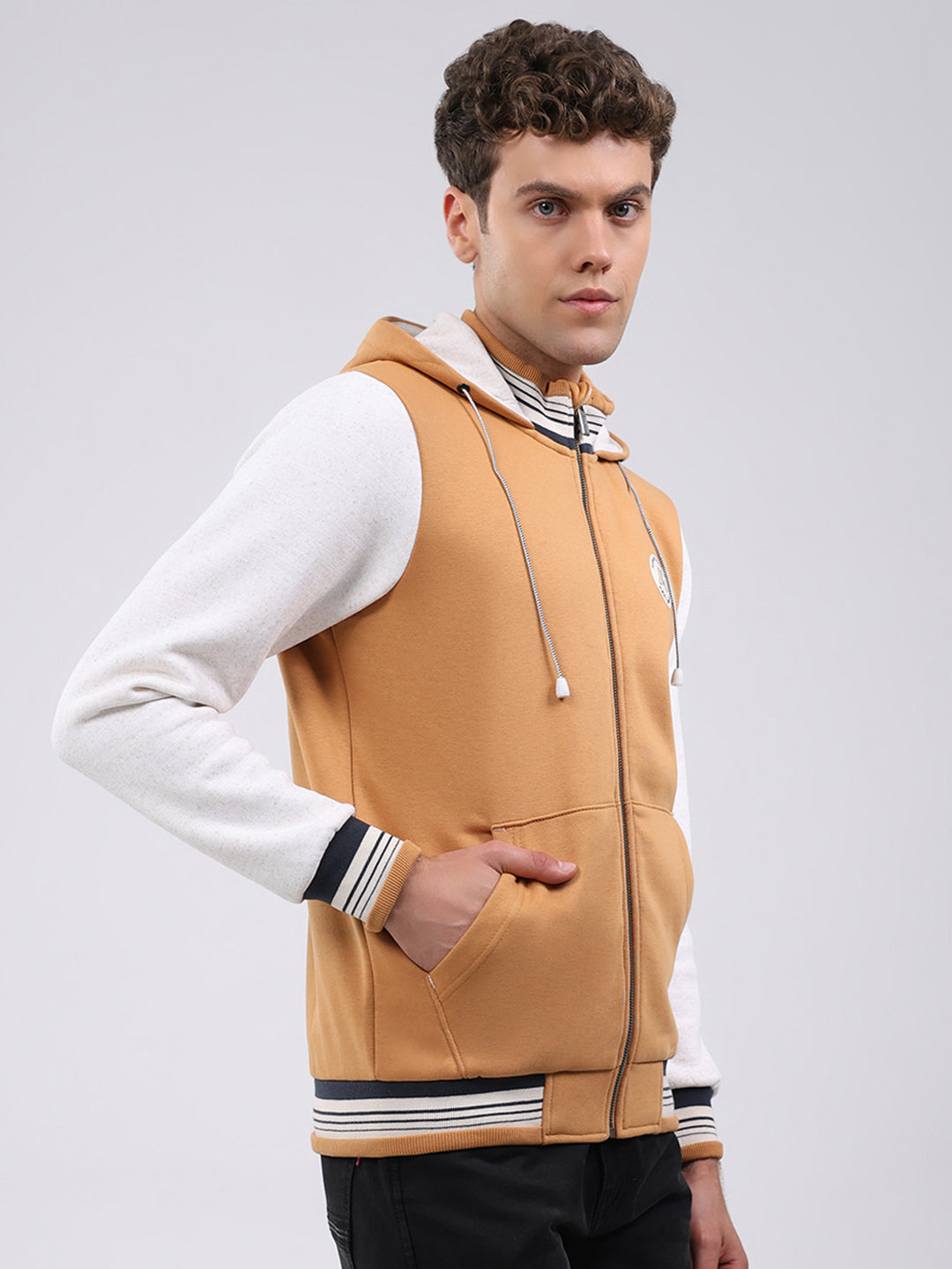 Men Tan Embroidered Hooded Full Sleeve Sweatshirt