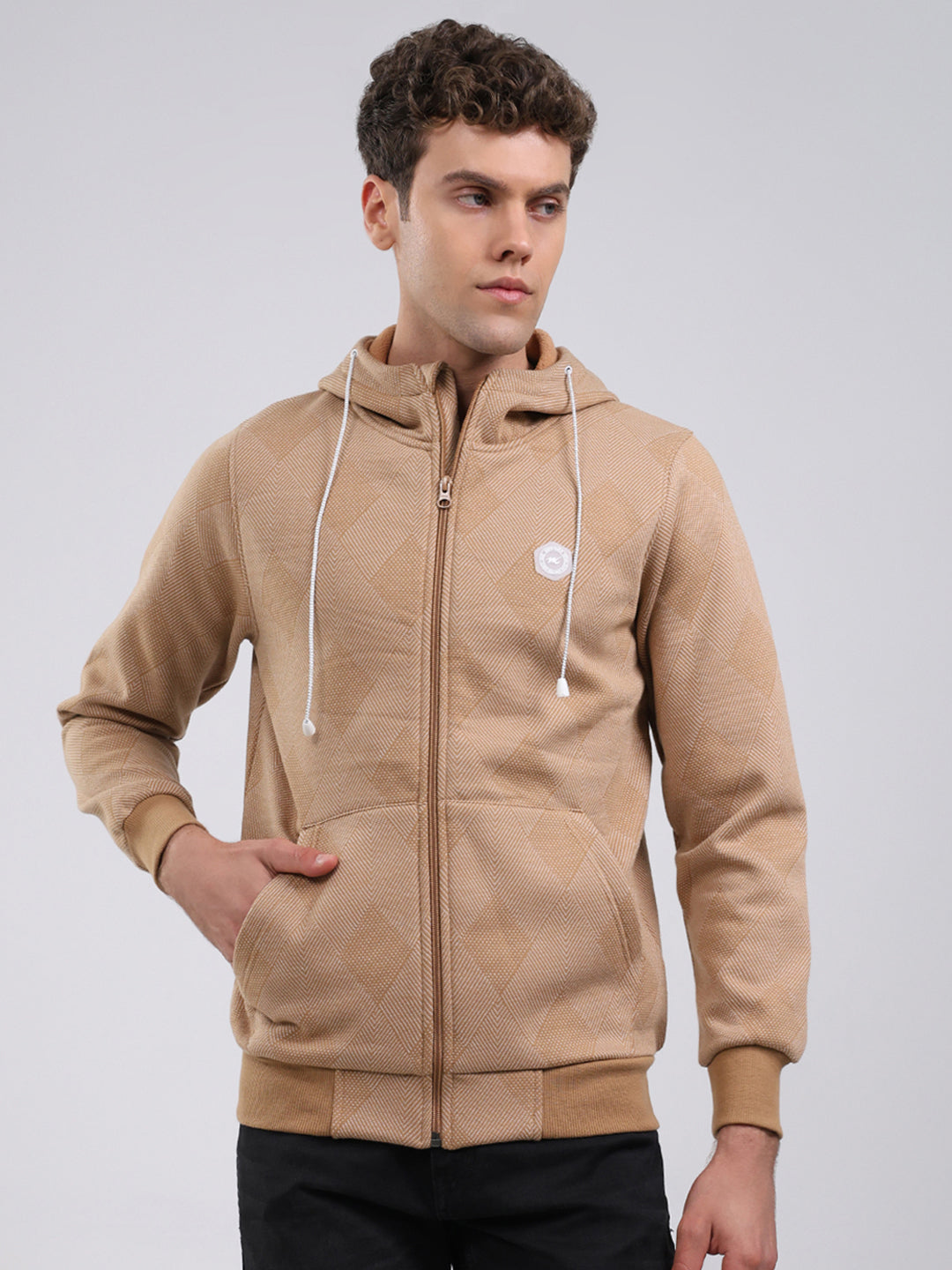 Men Tan Solid Hooded Full Sleeve Sweatshirt