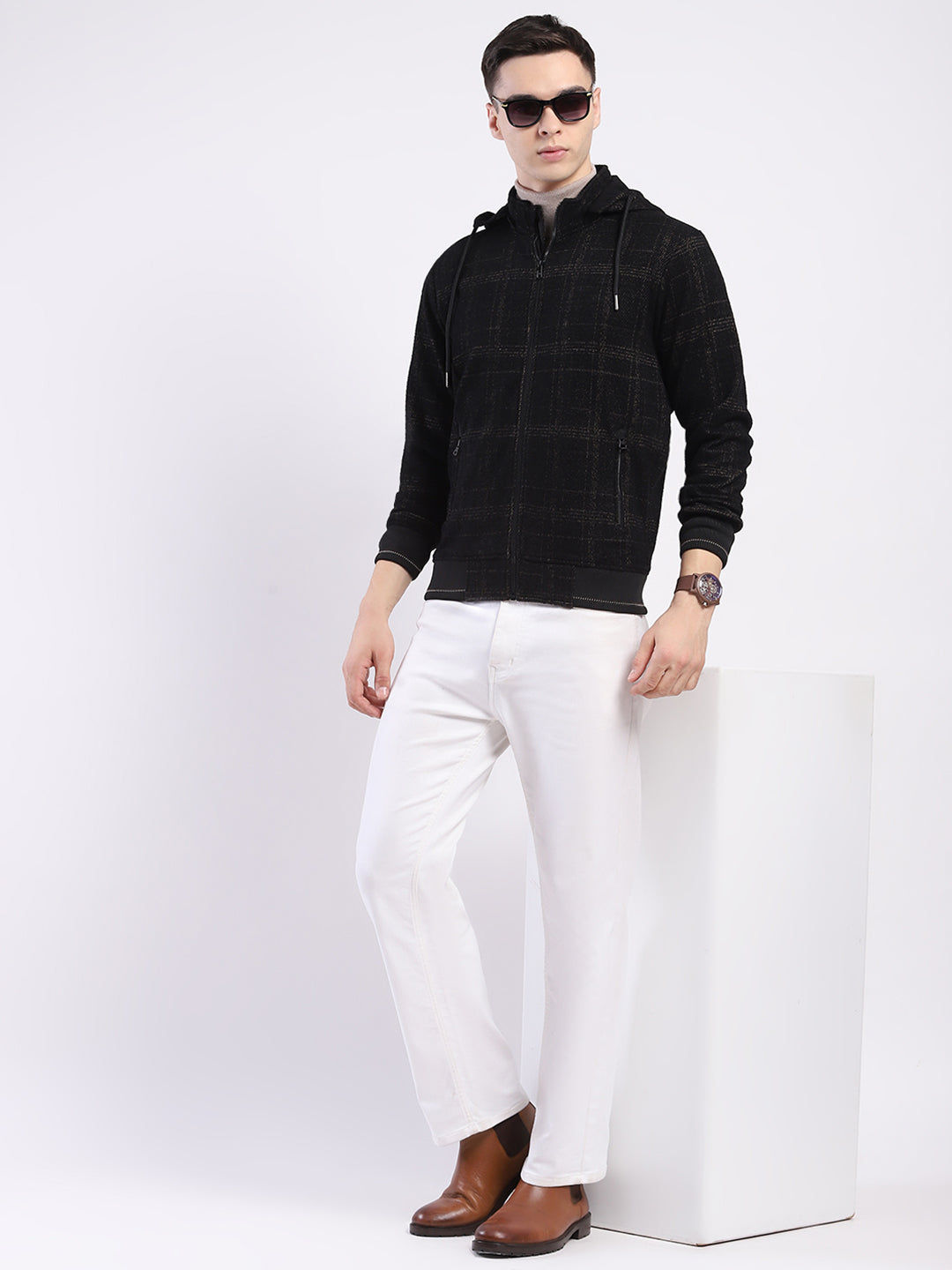 Men Brown Printed Hooded Full Sleeve Sweatshirt