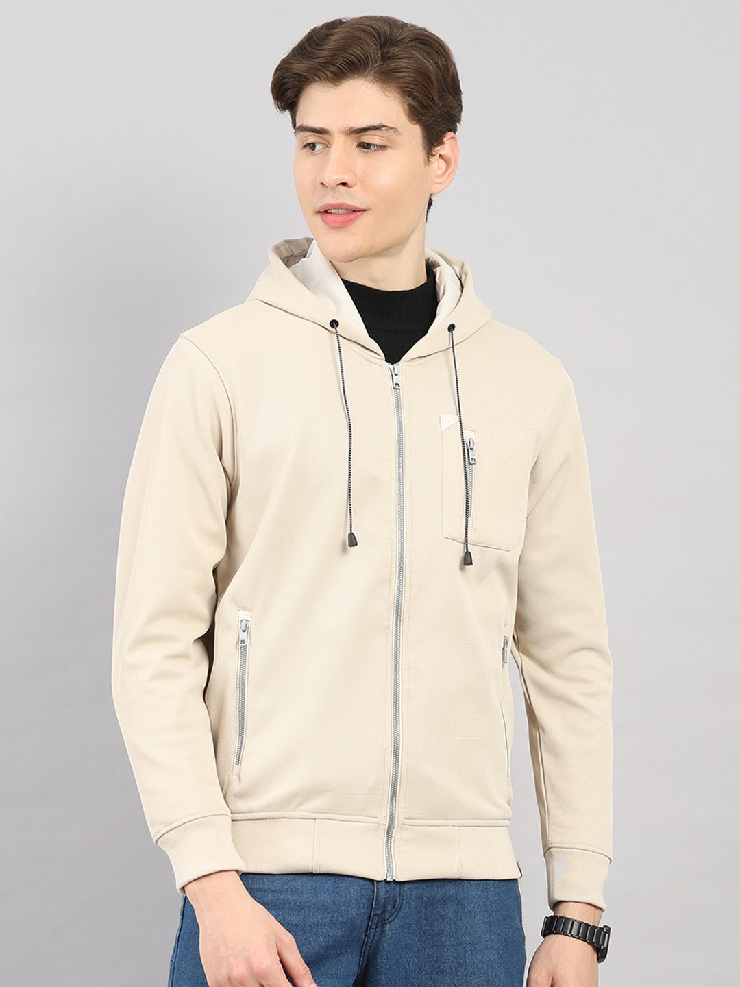 Men Beige Self Design Hooded Full Sleeve Sweatshirt