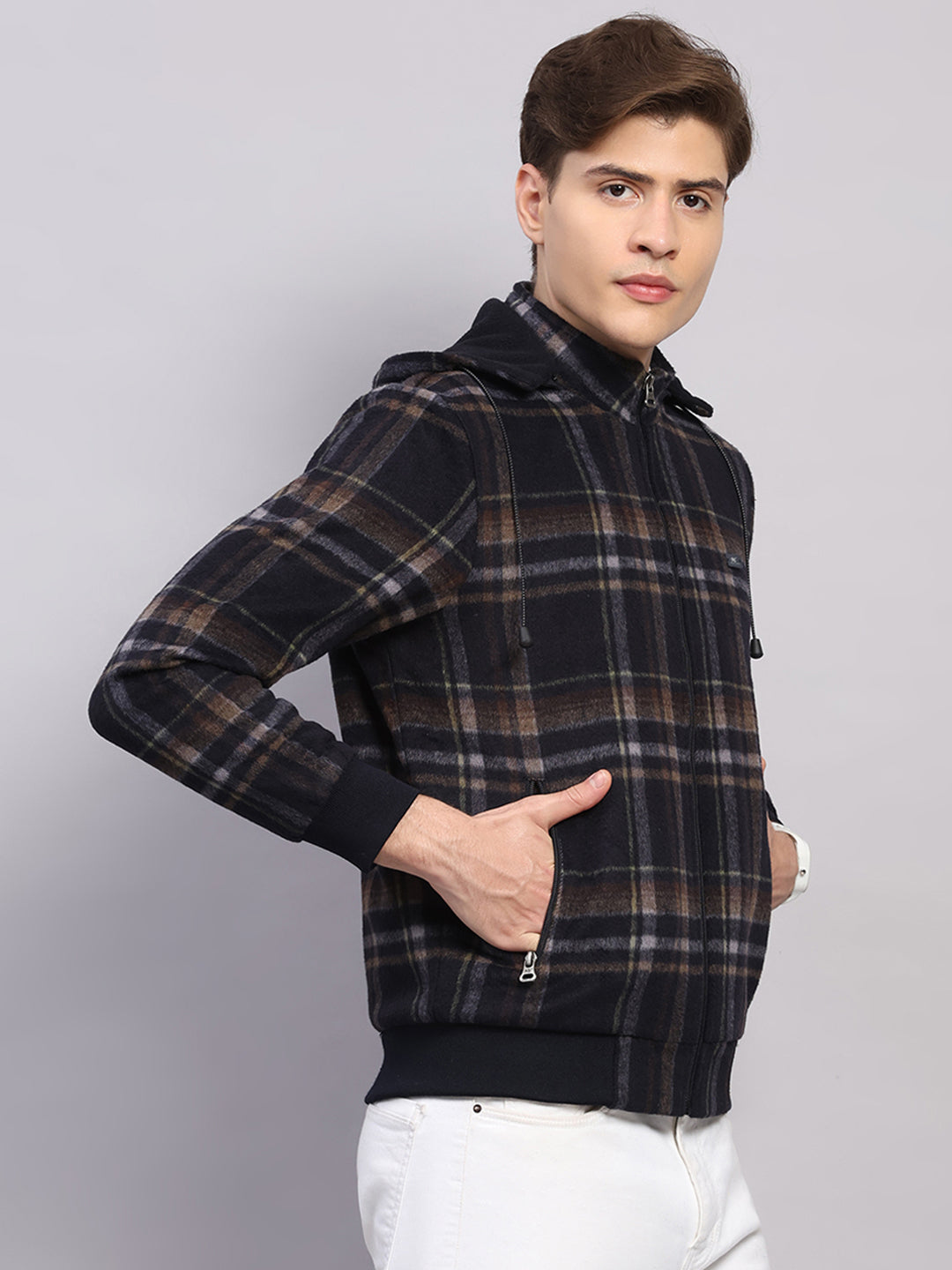 Men Blue Solid Hooded Full Sleeve Jacket