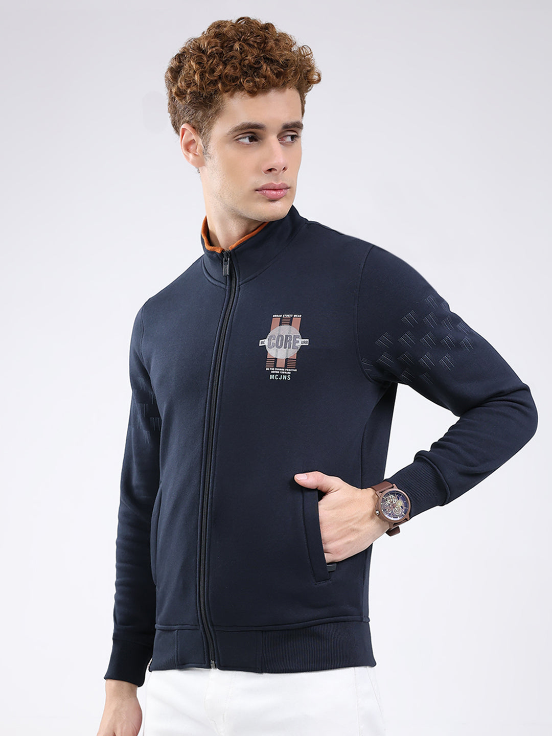Men Navy Blue Printed Mock Neck Full Sleeve Sweatshirt
