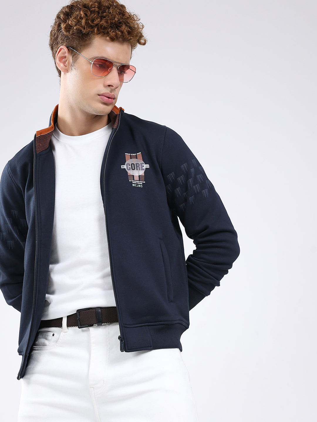 Men Navy Blue Printed Mock Neck Full Sleeve Sweatshirt