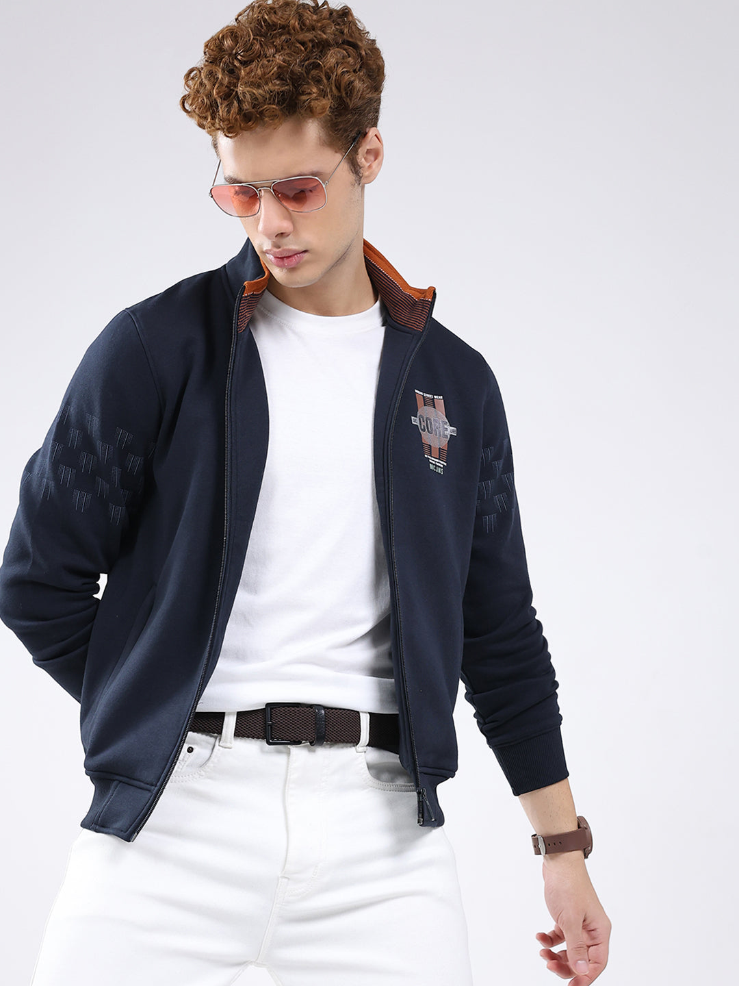 Men Navy Blue Printed Mock Neck Full Sleeve Sweatshirt