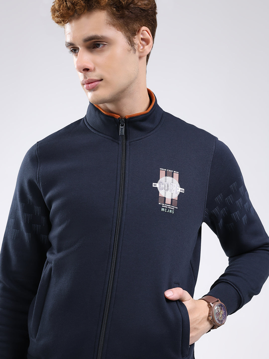 Men Navy Blue Printed Mock Neck Full Sleeve Sweatshirt