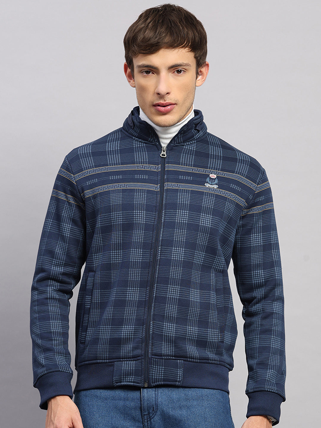 Men Navy Blue Printed Collar Full Sleeve Sweatshirt