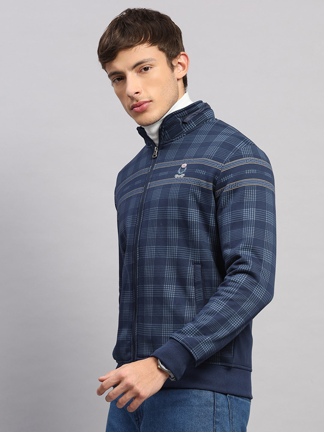 Men Navy Blue Printed Collar Full Sleeve Sweatshirt