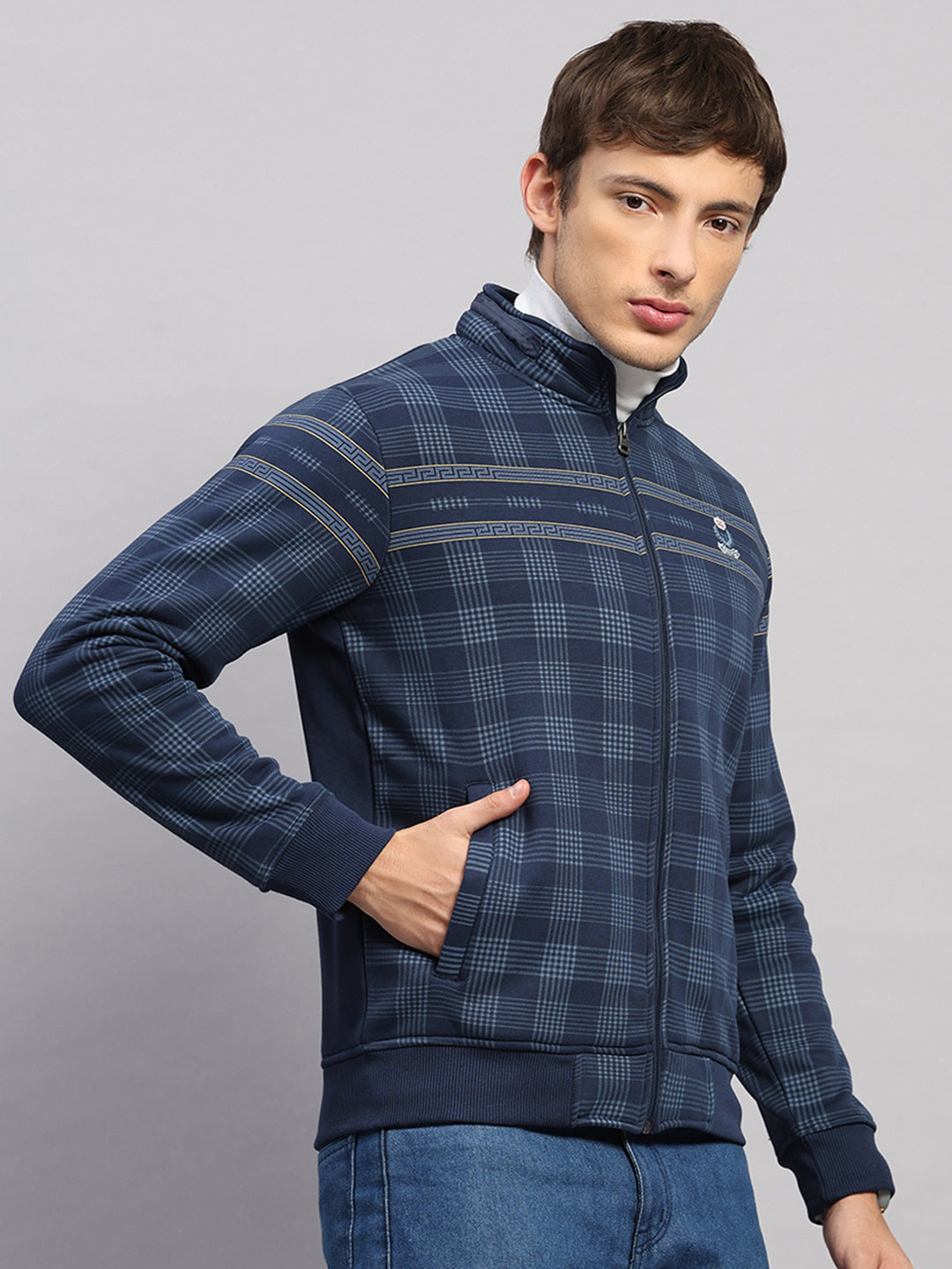 Men Navy Blue Printed Collar Full Sleeve Sweatshirt
