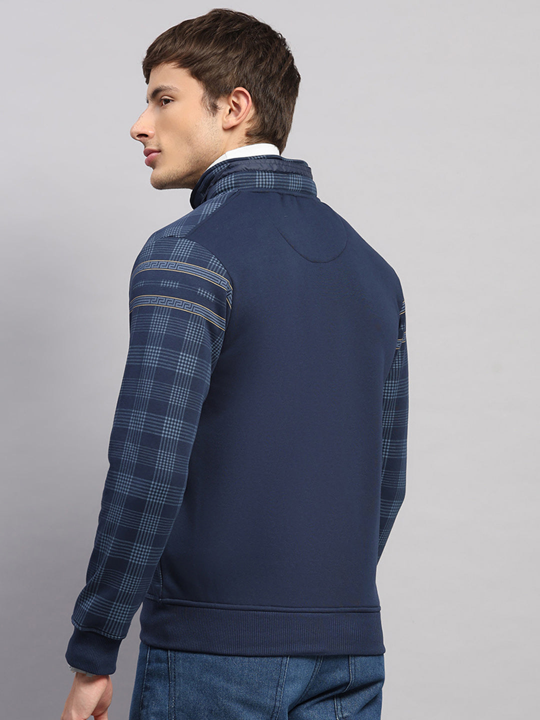 Men Navy Blue Printed Collar Full Sleeve Sweatshirt