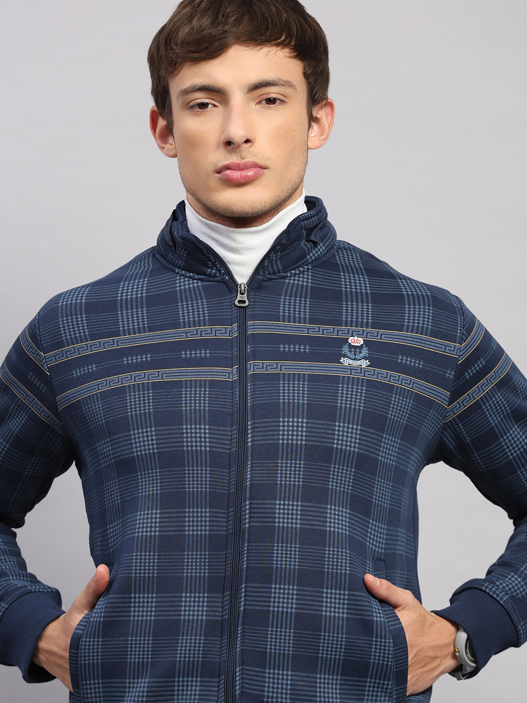 Men Navy Blue Printed Collar Full Sleeve Sweatshirt