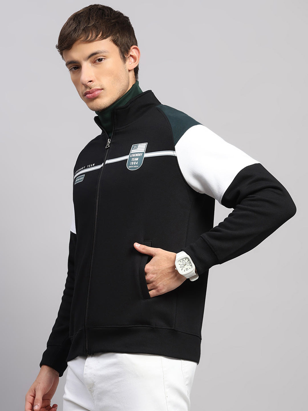 Men Black Printed Collar Full Sleeve Sweatshirt