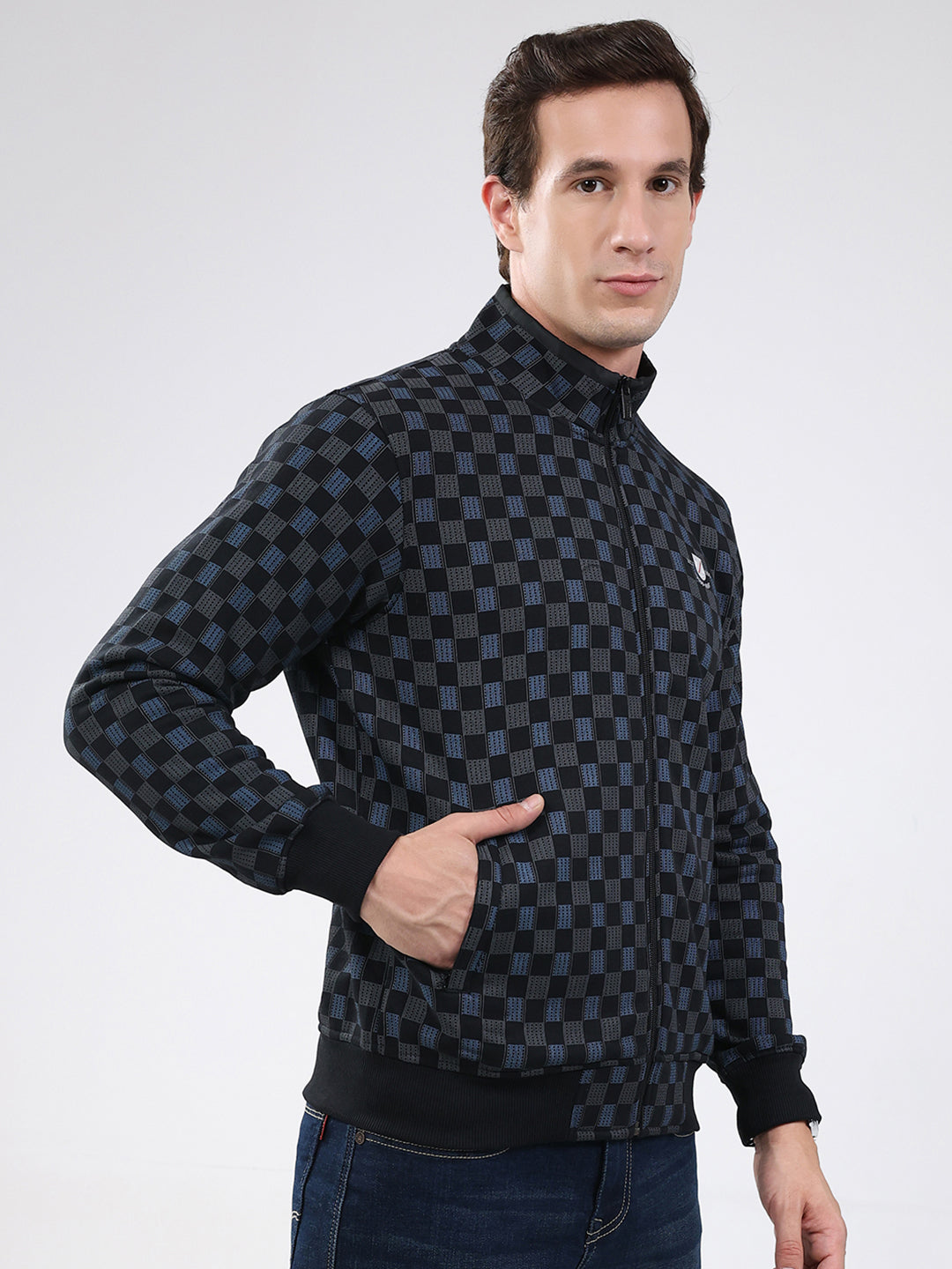 Men Black Solid Band Neck Full Sleeve Sweatshirt