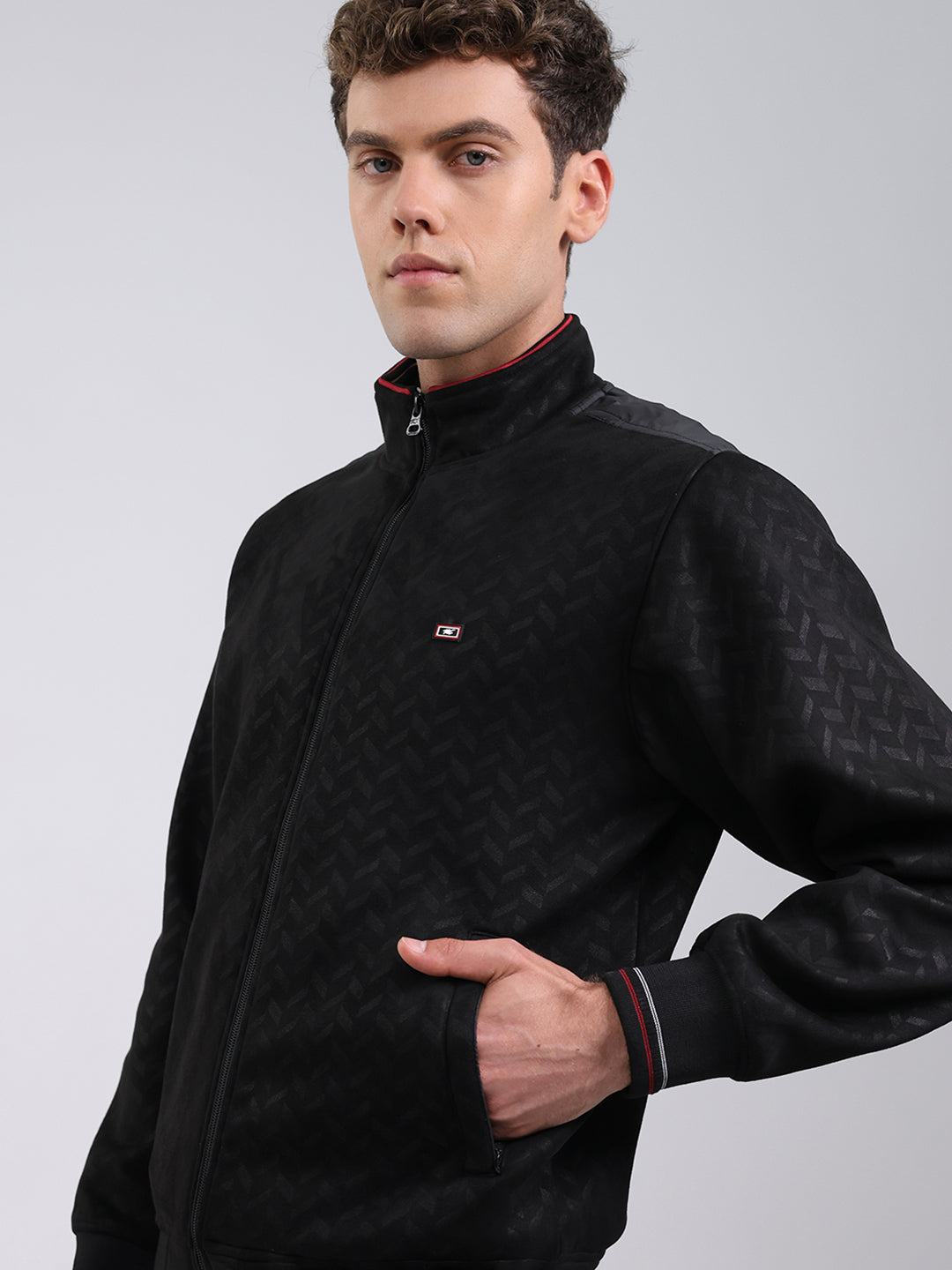 Men Black Self Design Full Sleeve Sweatshirt with Jacket Vibe