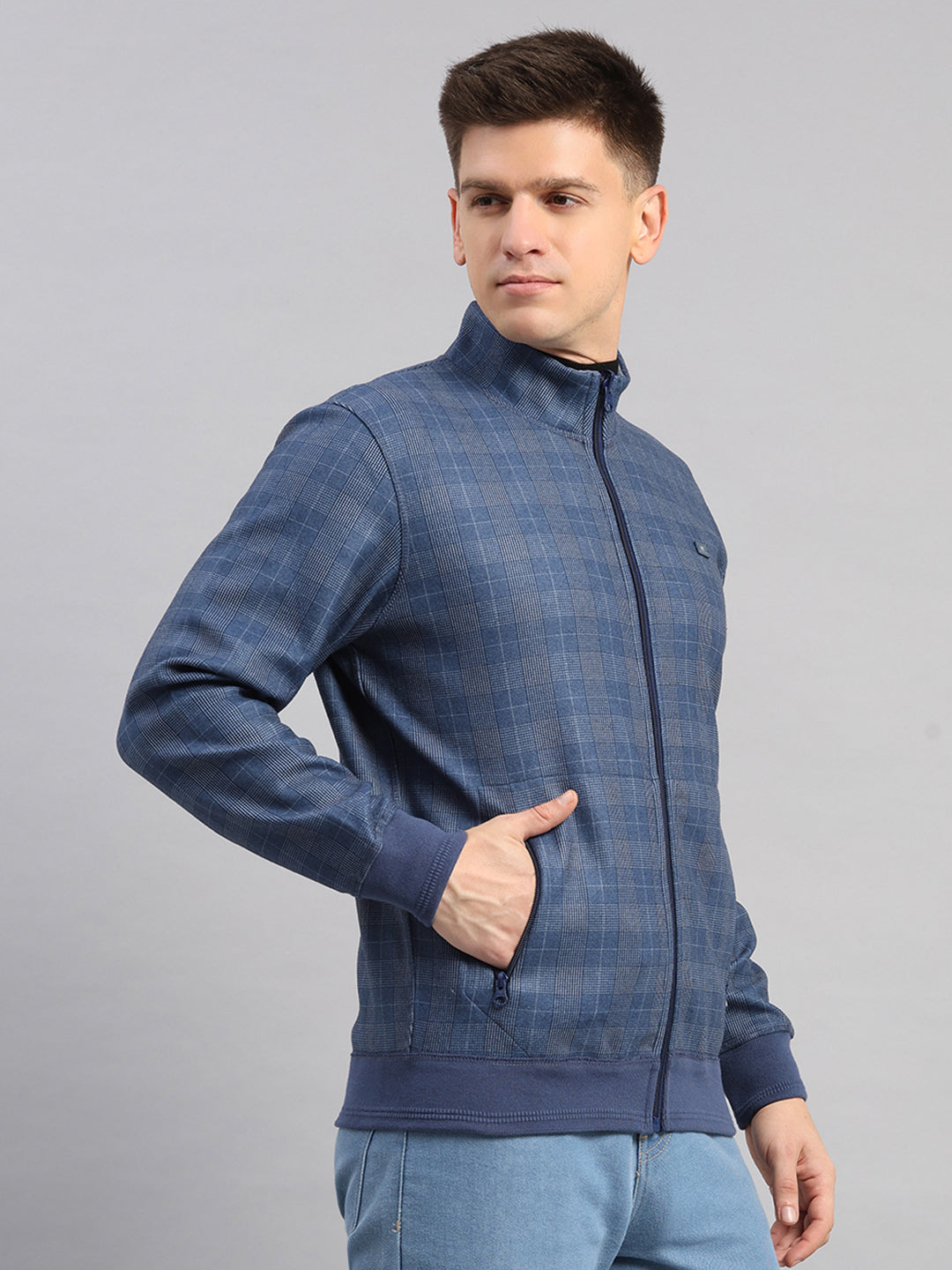 Men Blue Check Collar Full Sleeve Reversible Sweatshirt