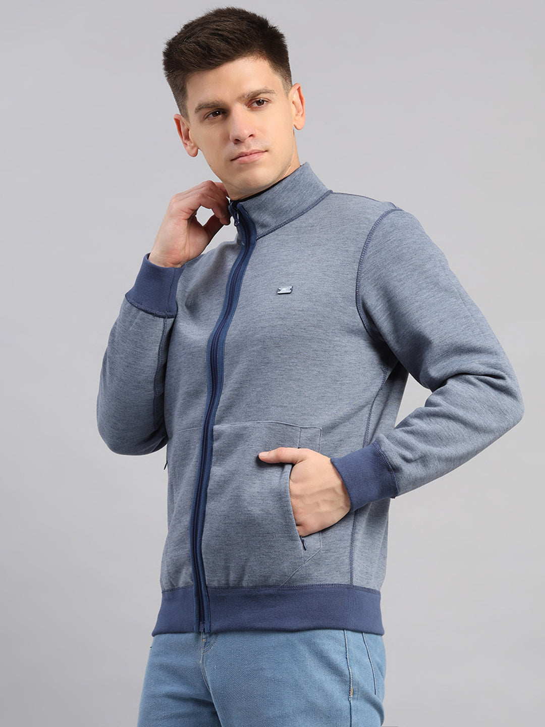 Men Blue Check Collar Full Sleeve Reversible Sweatshirt