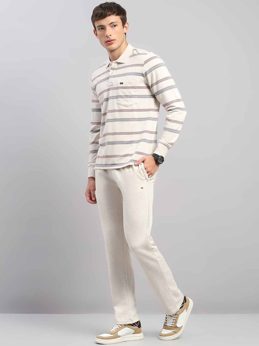 Men Beige Stripe Collar Full Sleeve Winter Tracksuit