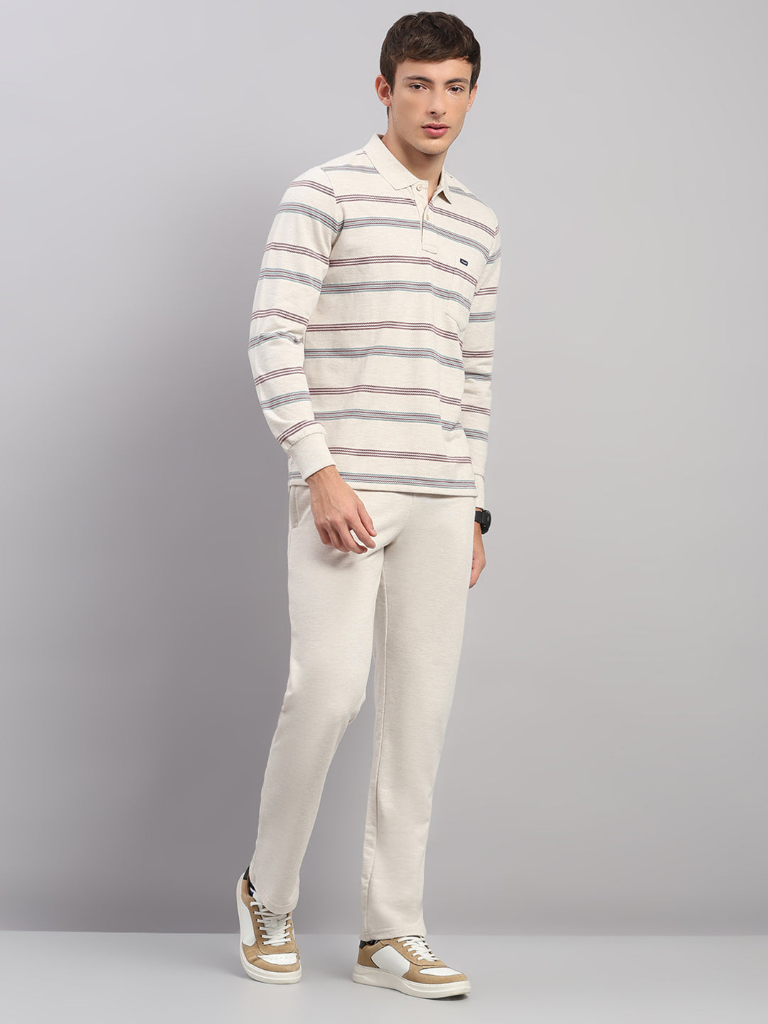 Men Beige Stripe Collar Full Sleeve Winter Tracksuit