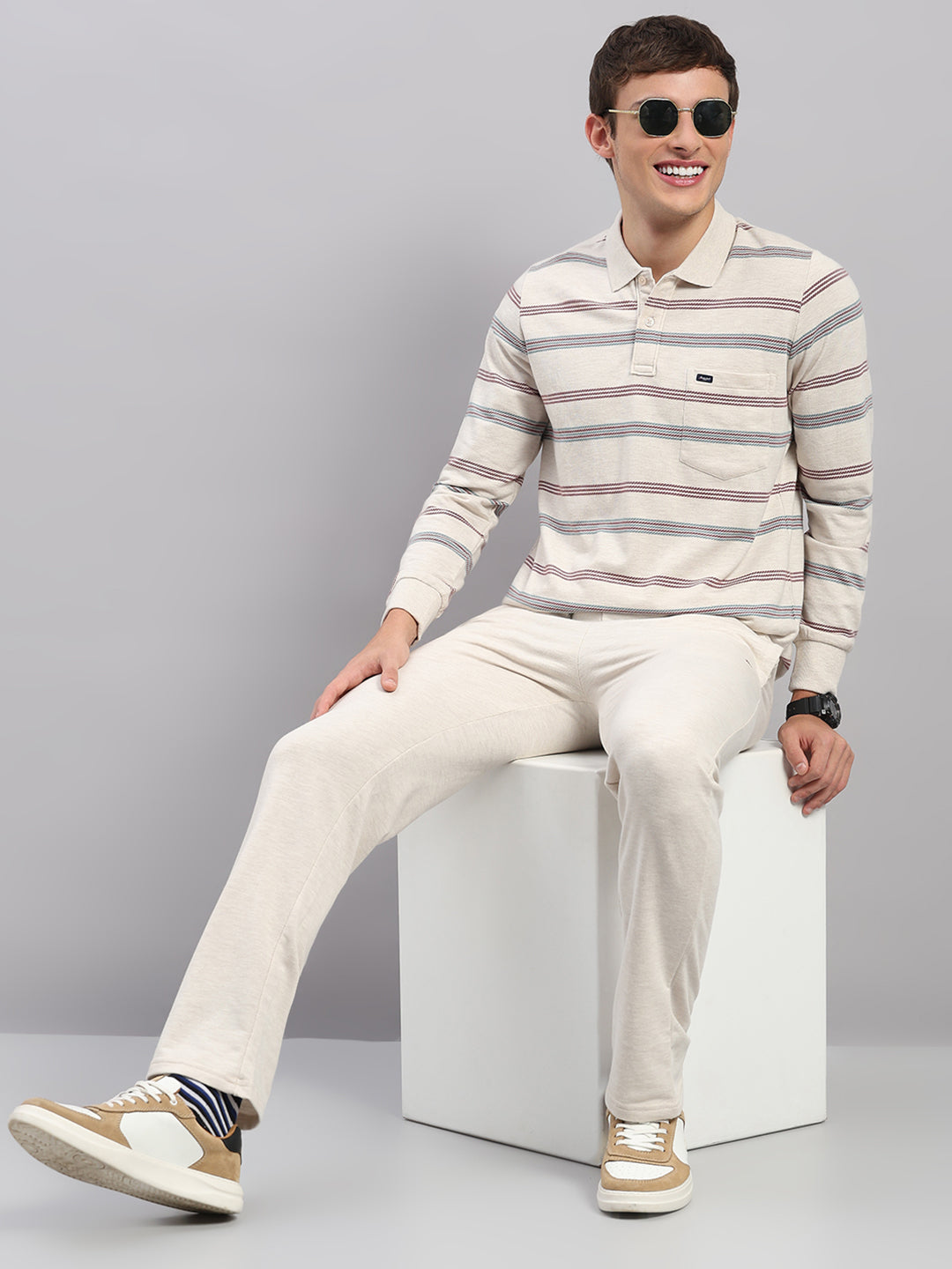 Men Beige Stripe Collar Full Sleeve Winter Tracksuit