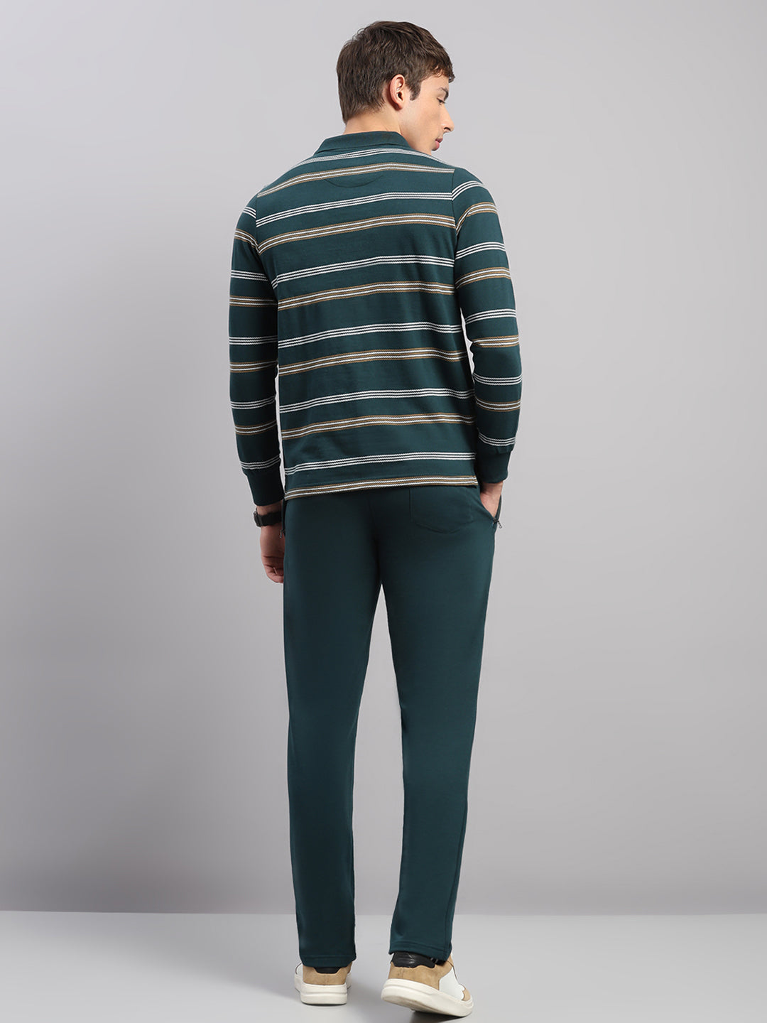 Men Green Stripe Collar Full Sleeve Winter Tracksuit