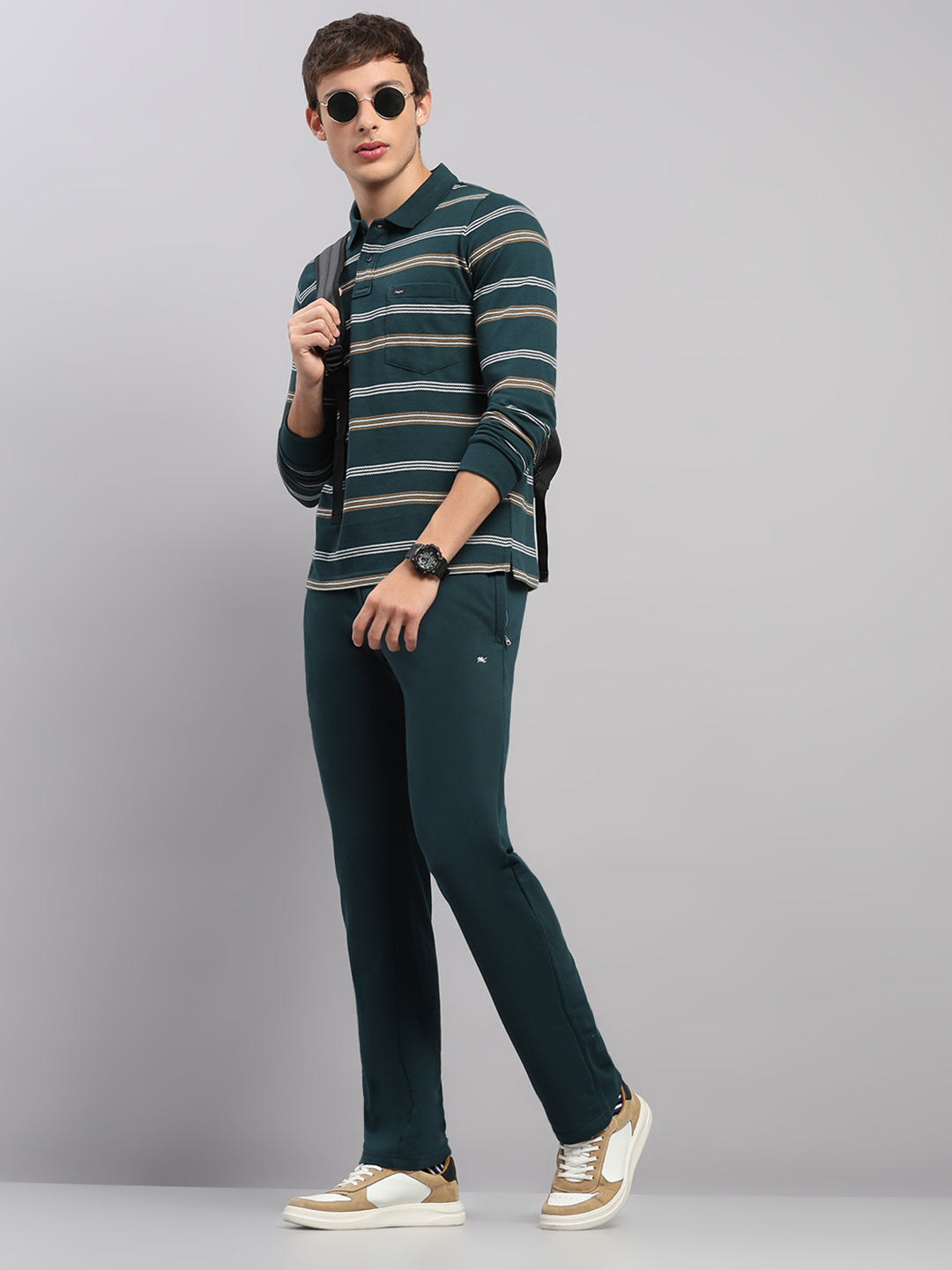 Men Green Stripe Collar Full Sleeve Winter Tracksuit