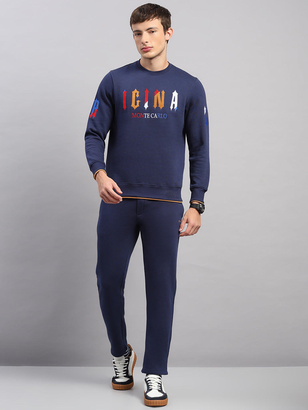 Men Blue Self Design Collar Full Sleeve Winter Tracksuit