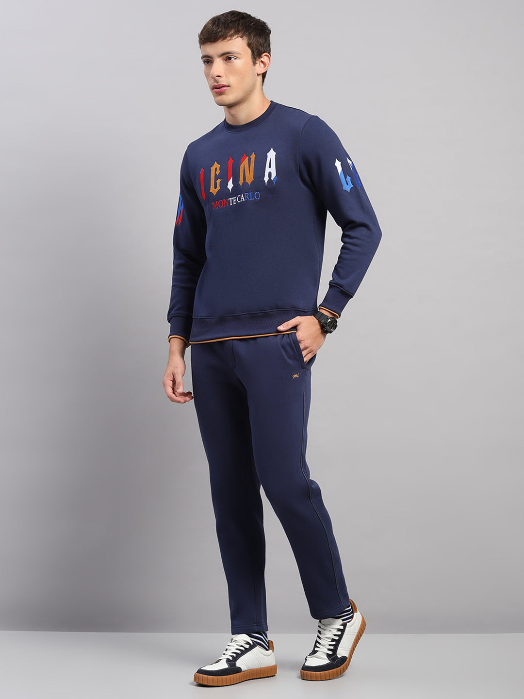 Men Blue Self Design Collar Full Sleeve Winter Tracksuit