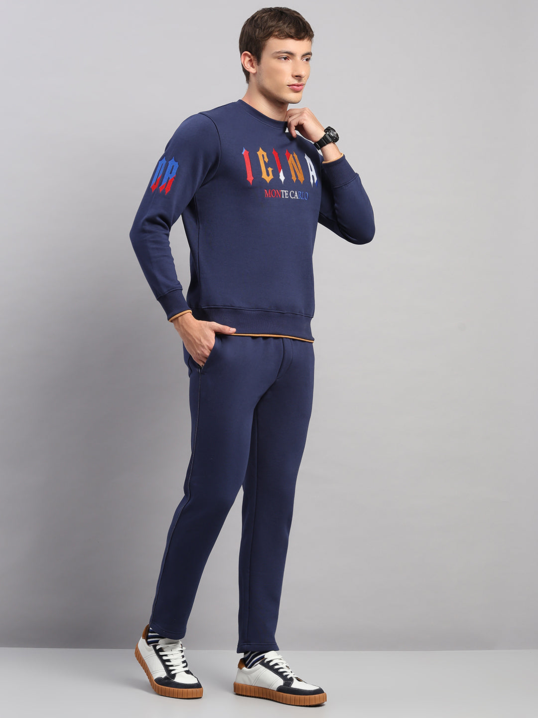 Men Blue Self Design Collar Full Sleeve Winter Tracksuit