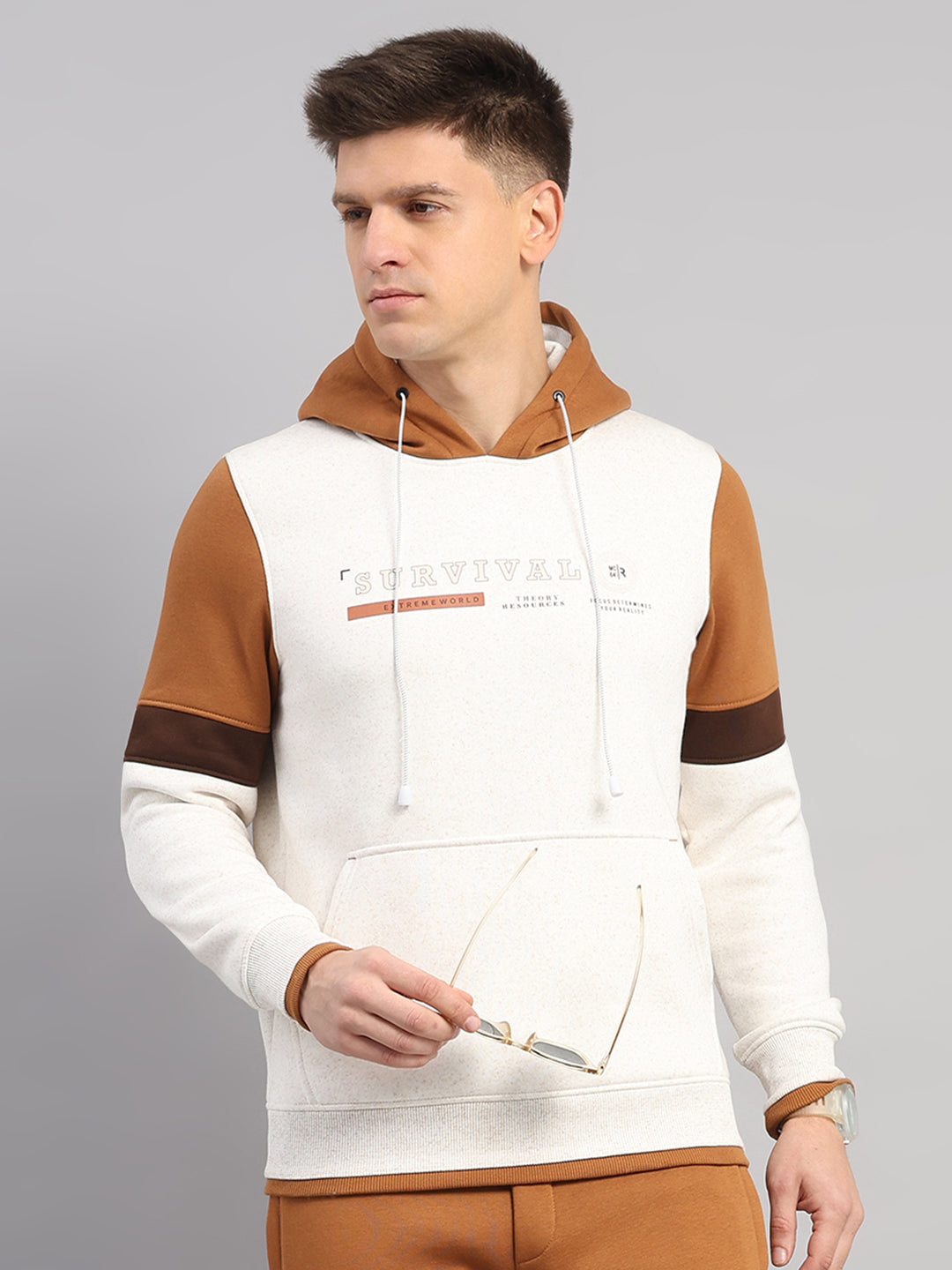 Men Camel Brown Solid Collar Full Sleeve Winter Tracksuit