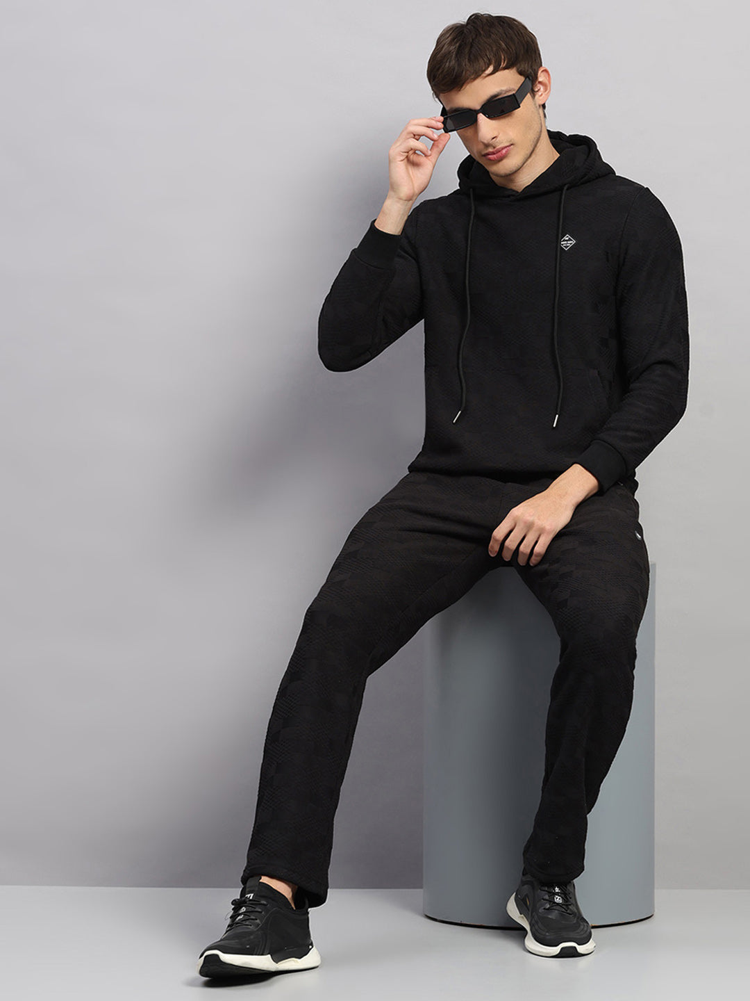 Men Black Jaquard Collar Full Sleeve Winter Tracksuit