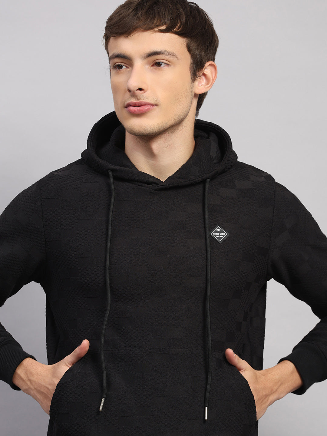 Men Black Jaquard Collar Full Sleeve Winter Tracksuit