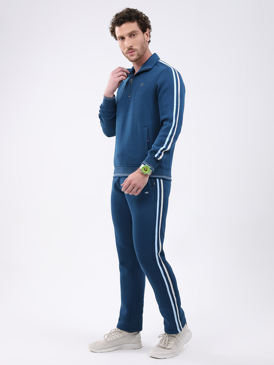 Men Teal Blue Solid Collar Full Sleeve Winter Tracksuit