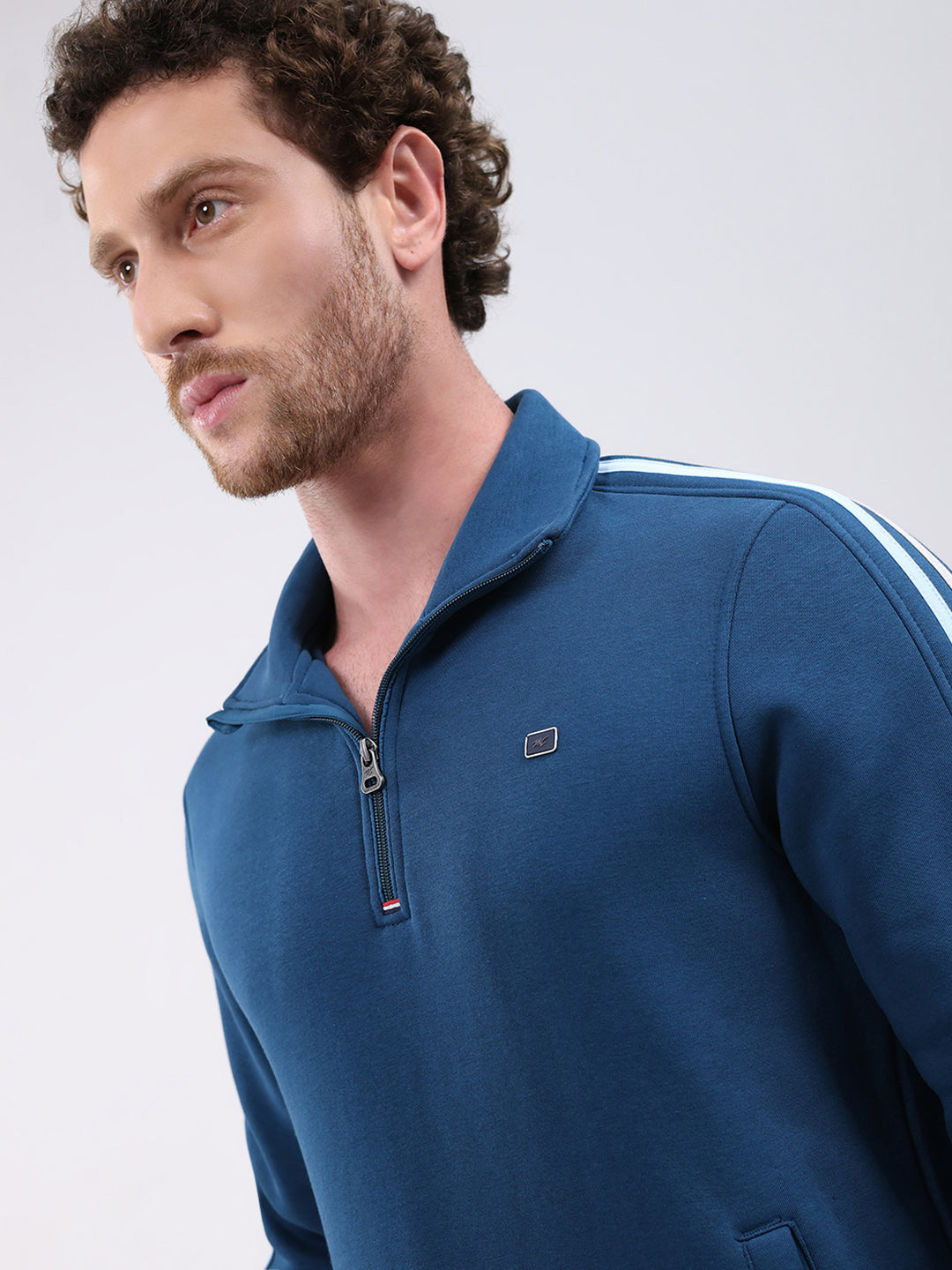 Men Teal Blue Solid Collar Full Sleeve Winter Tracksuit