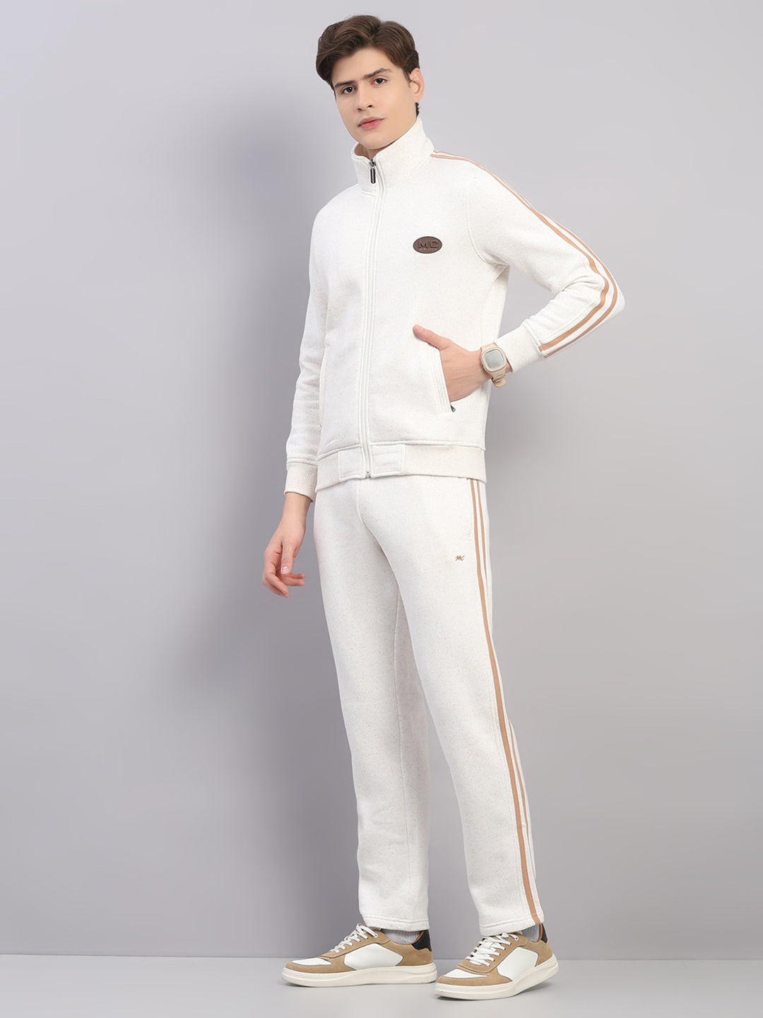 Men Camel Brown Solid Stand Collar Full Sleeve Winter Tracksuit