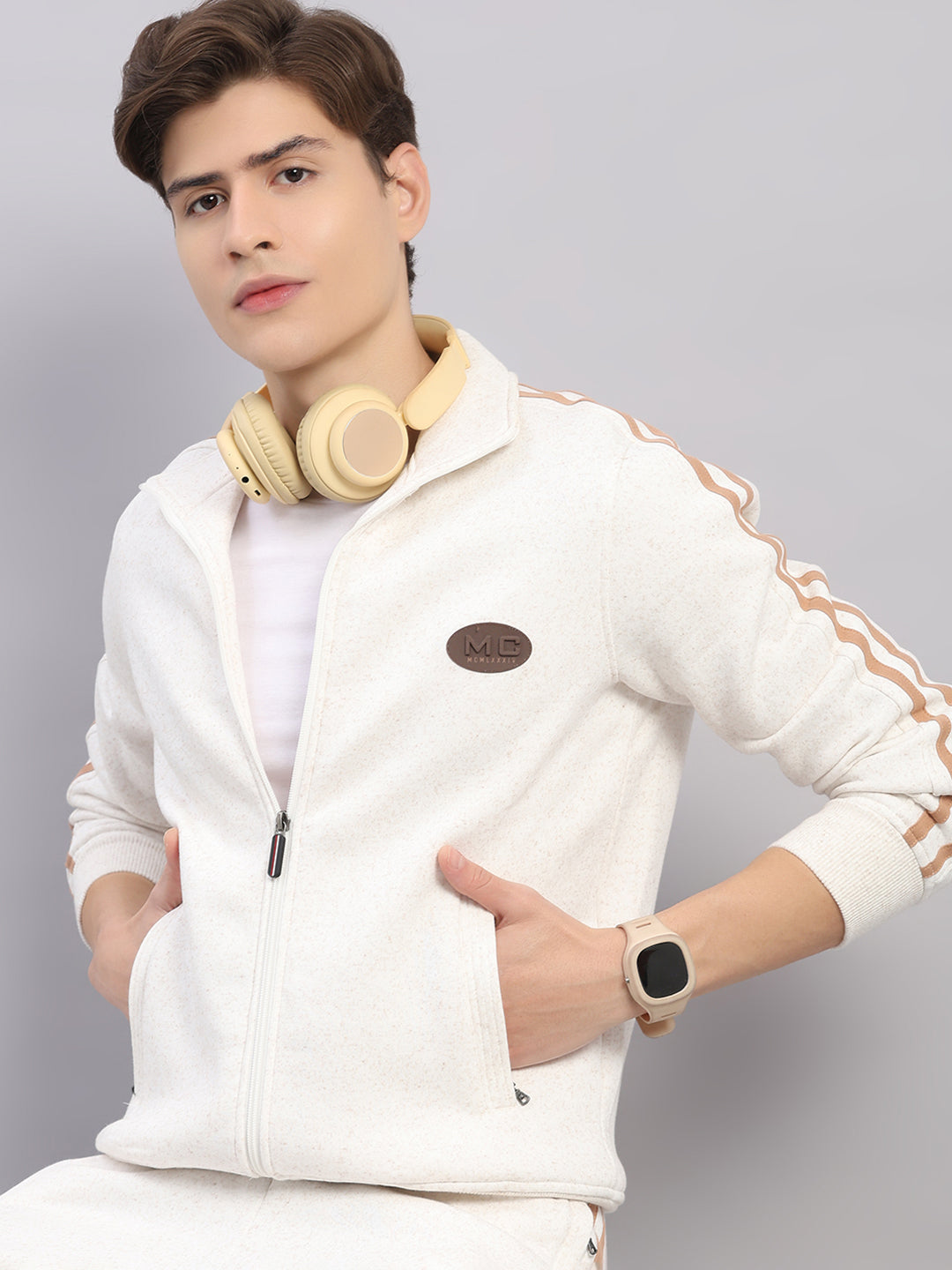 Men Camel Brown Solid Stand Collar Full Sleeve Winter Tracksuit